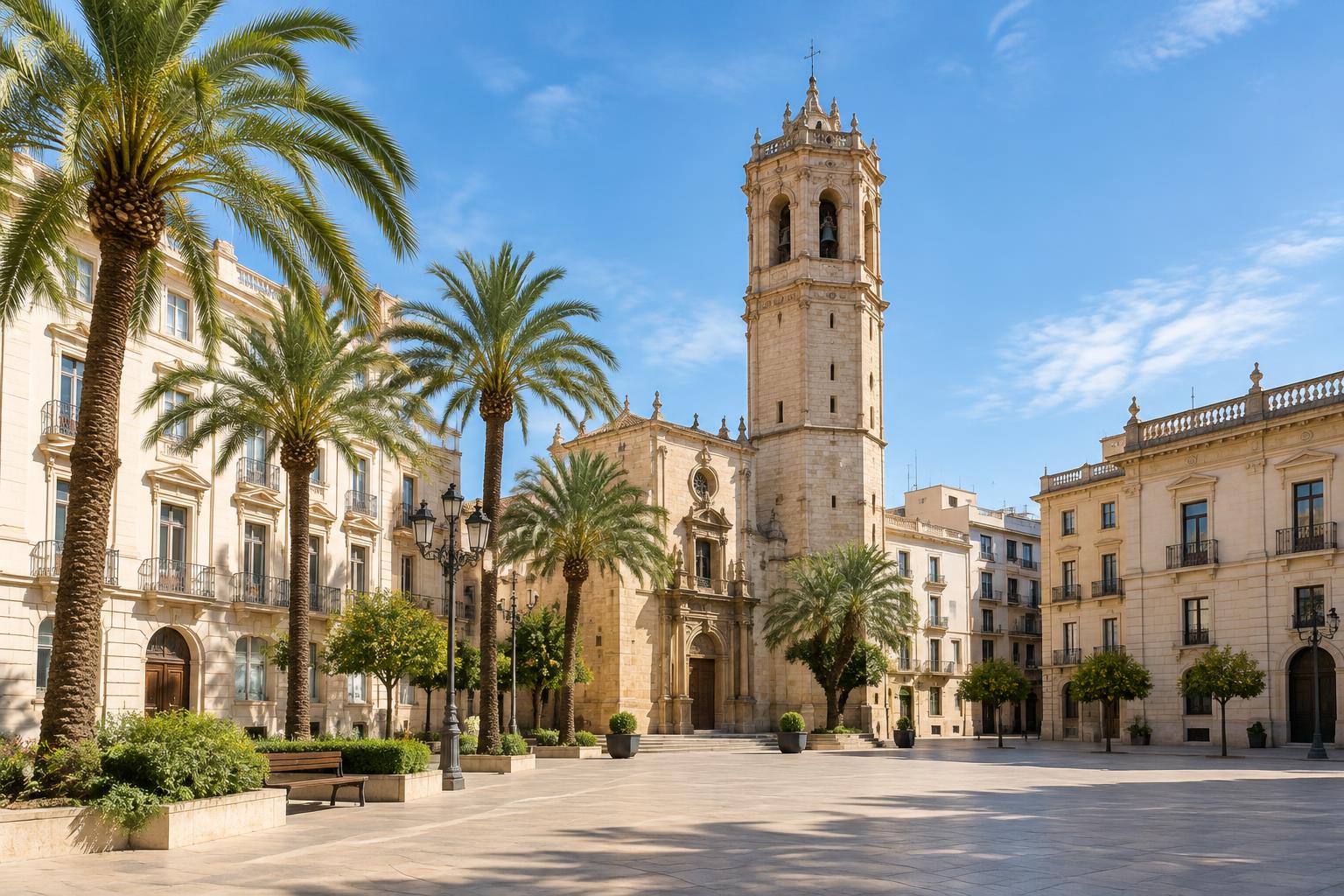 Recreación ilustrativa generada de una plaza mediterránea inspirada en Castellón