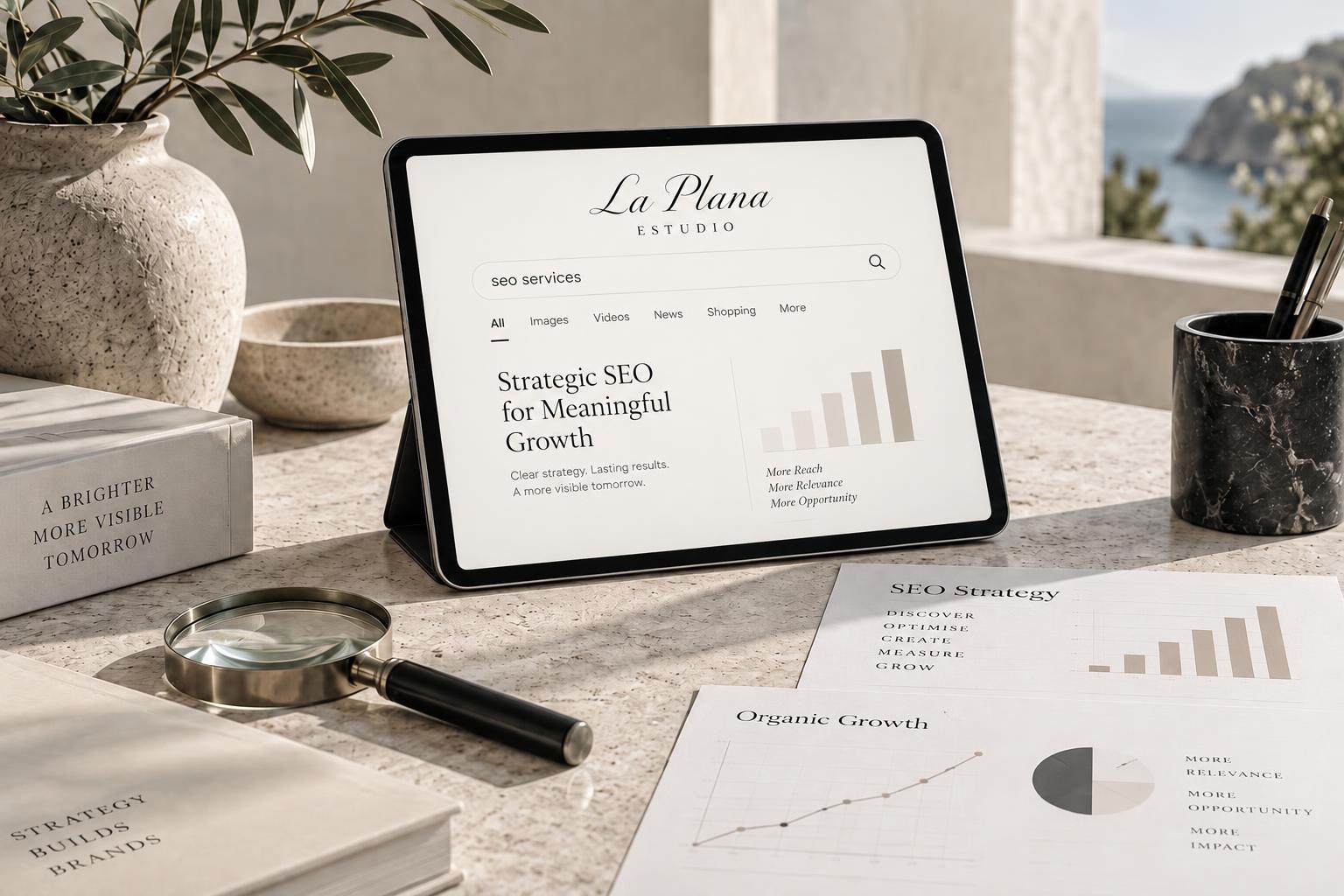 Concepto visual de SEO y posicionamiento en Castellón con búsquedas en una tableta